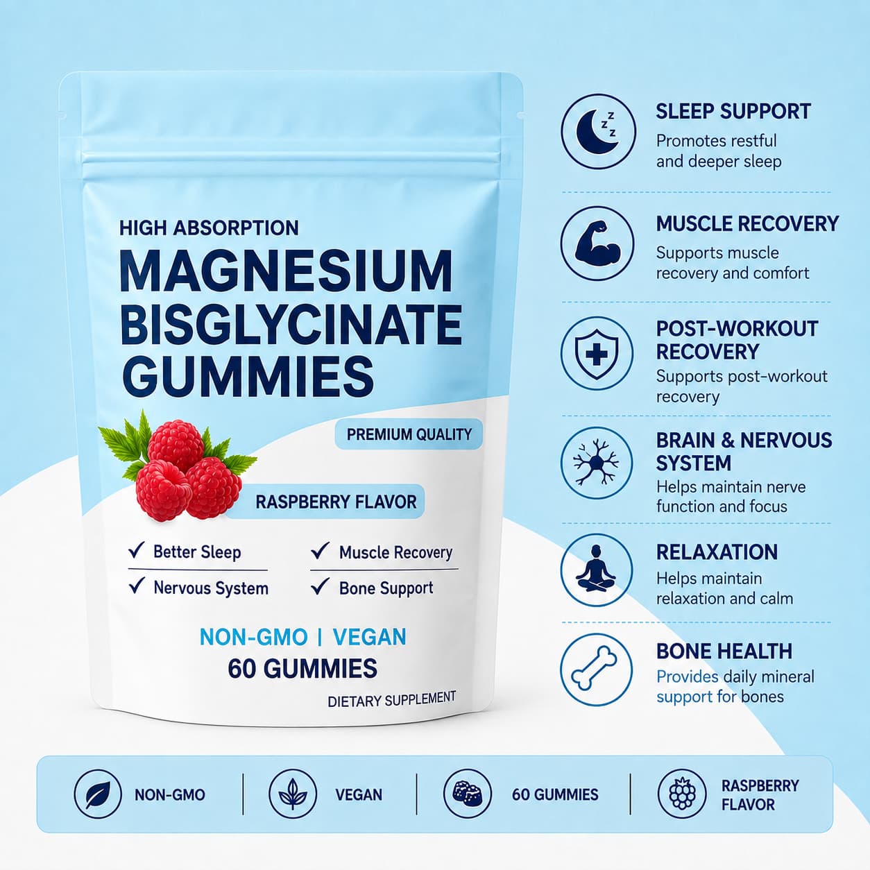 Magnesium Bisglycinate Gummies – Chelated Magnesium Supplement, Promotes Muscle & Nerve Function, Relaxation & Everyday Wellness – 60  Gummies