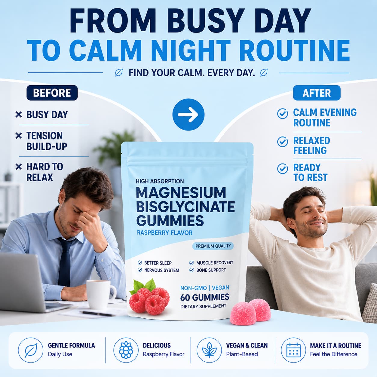 Magnesium Bisglycinate Gummies – Chelated Magnesium Supplement, Promotes Muscle & Nerve Function, Relaxation & Everyday Wellness – 60  Gummies