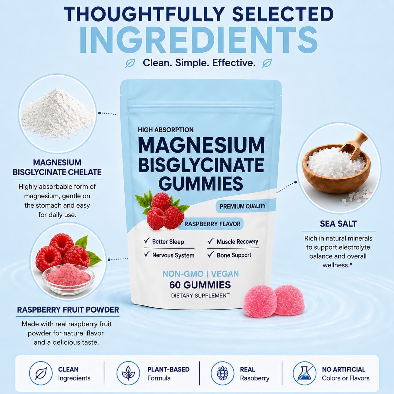 Magnesium Bisglycinate Gummies – Chelated Magnesium Supplement, Promotes Muscle & Nerve Function, Relaxation & Everyday Wellness – 60  Gummies