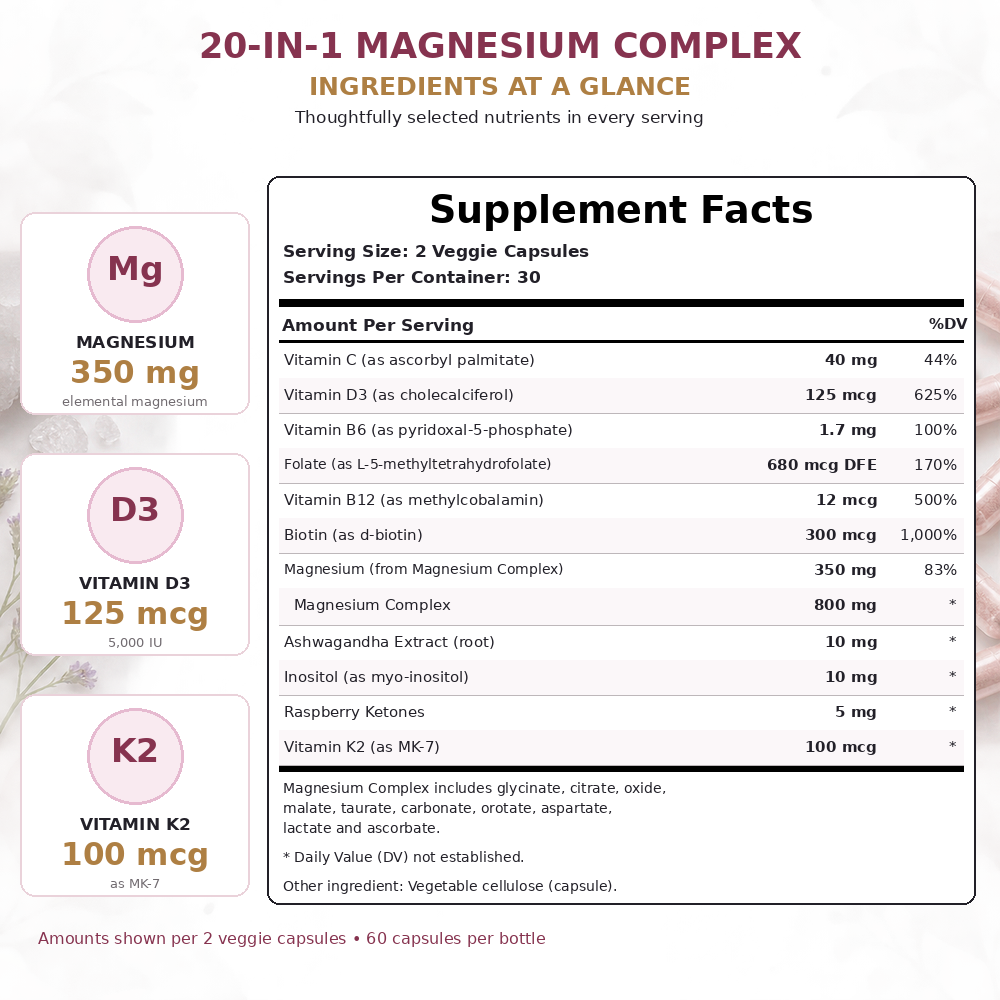 DUO SEVEN 20-in-1 Magnesium Complex for Women | 350 mg Magnesium, D3 + K2 | 60 Vegetarian Capsules