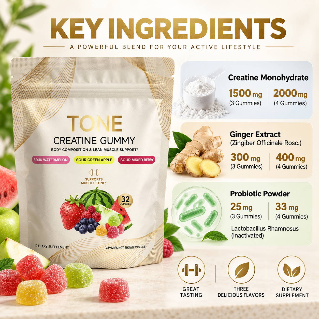 DUO SEVEN Creatine Gummies | Assorted Sour Flavors | Muscle & Performance Support | 32 Gummies