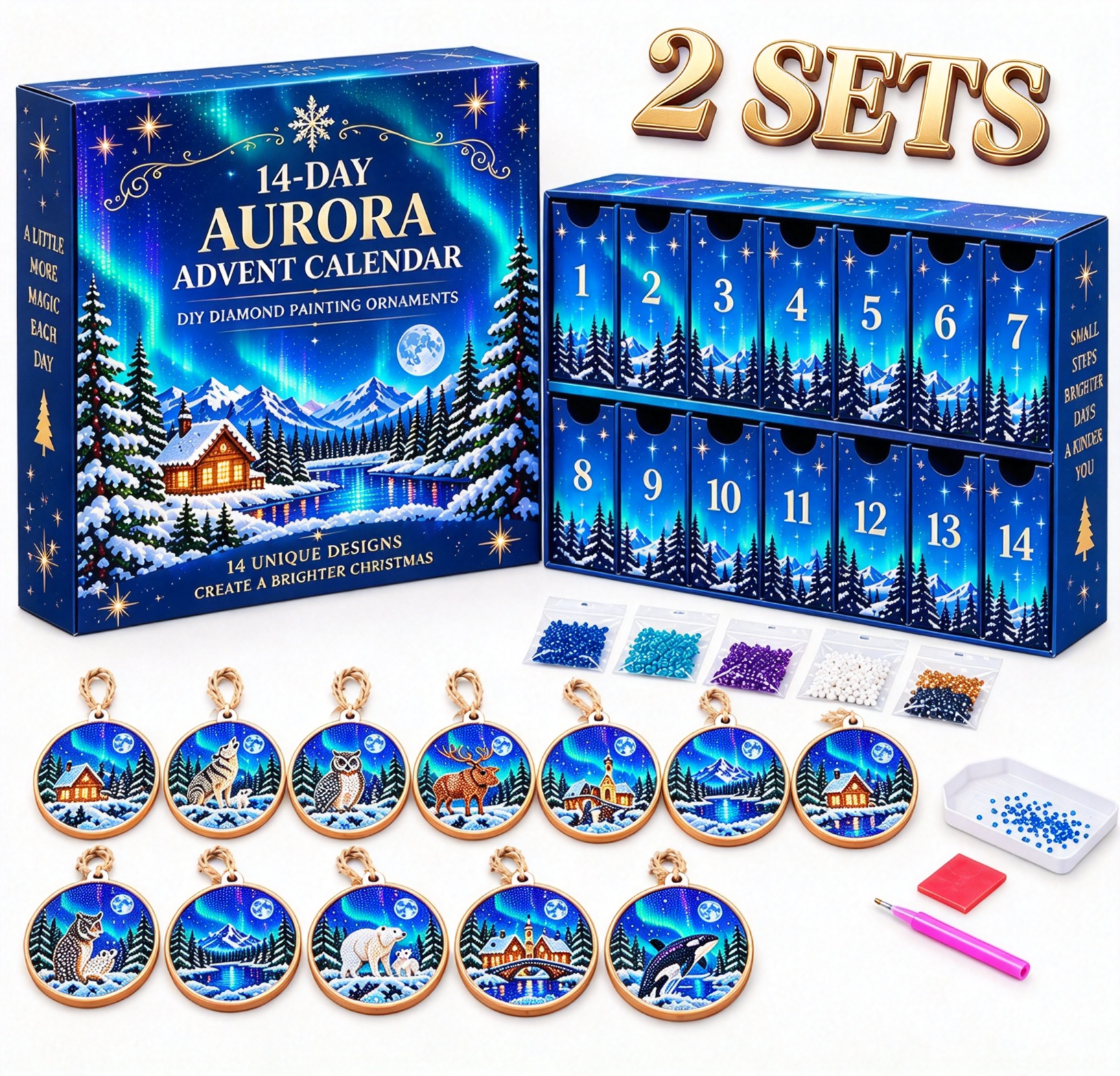 🌌 14-Day Aurora Diamond Painting Advent Calendar – DIY Wooden Christmas Ornament Kit