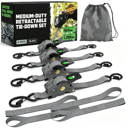 1" x 10' Retractable Ratchet Straps - Medium Duty