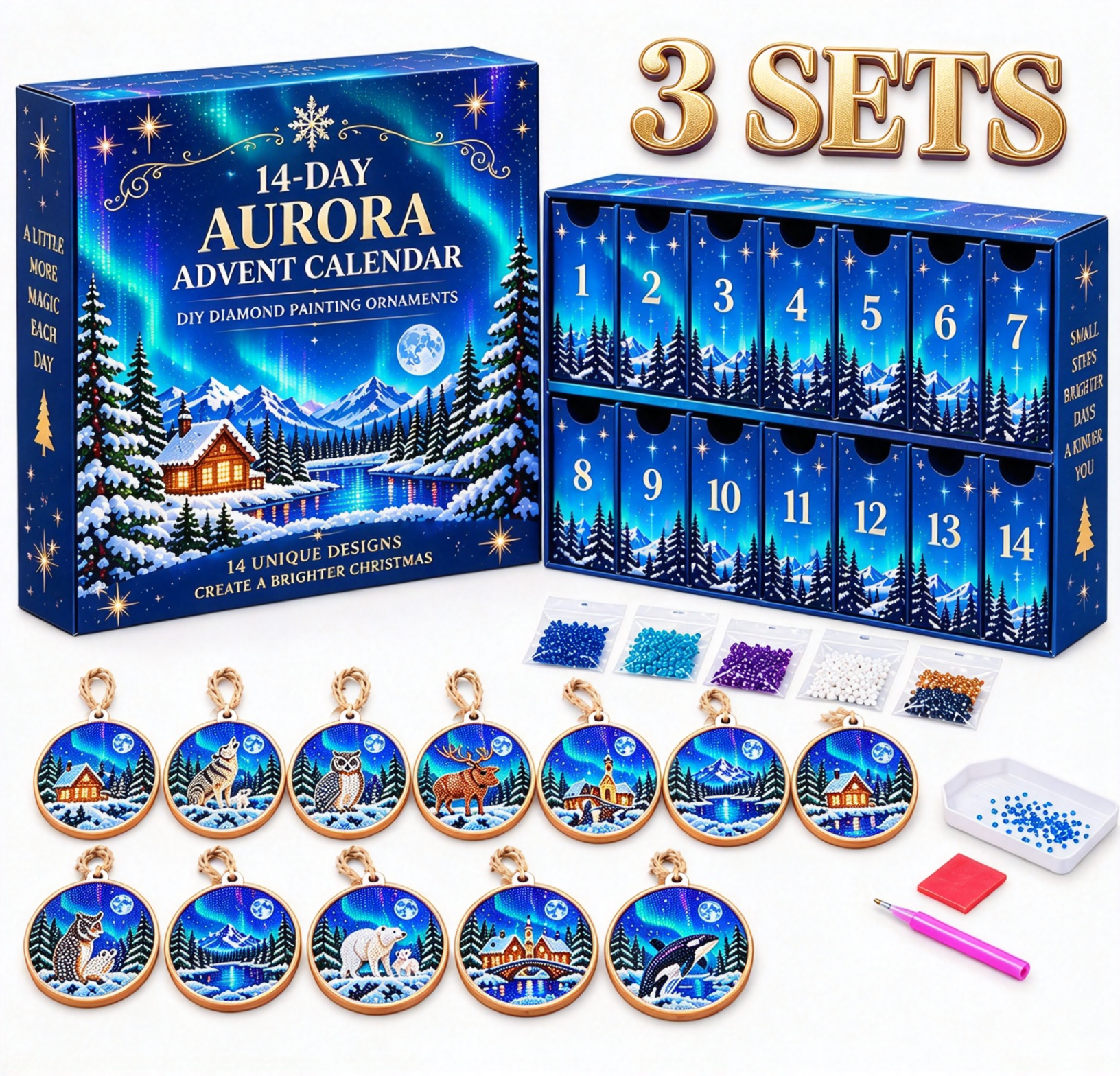 🌌 14-Day Aurora Diamond Painting Advent Calendar – DIY Wooden Christmas Ornament Kit