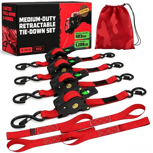 1" x 10' Retractable Ratchet Straps - Medium Duty