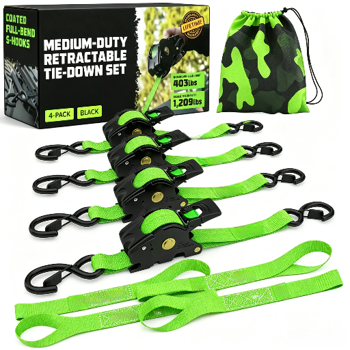1" x 10' Retractable Ratchet Straps - Medium Duty