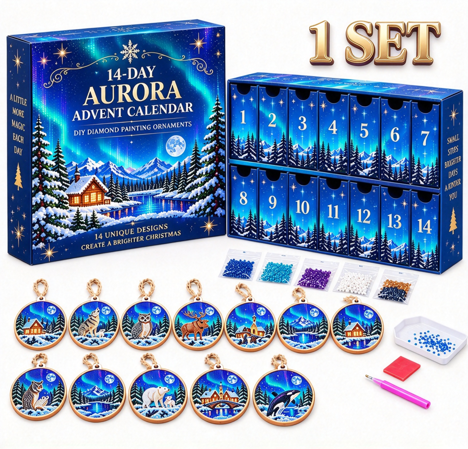🌌 14-Day Aurora Diamond Painting Advent Calendar – DIY Wooden Christmas Ornament Kit
