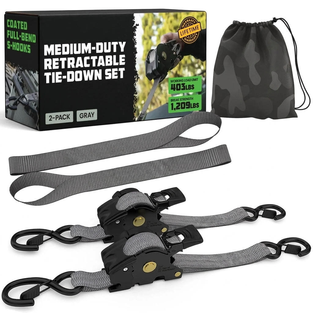 1" x 10' Retractable Ratchet Straps - Medium Duty