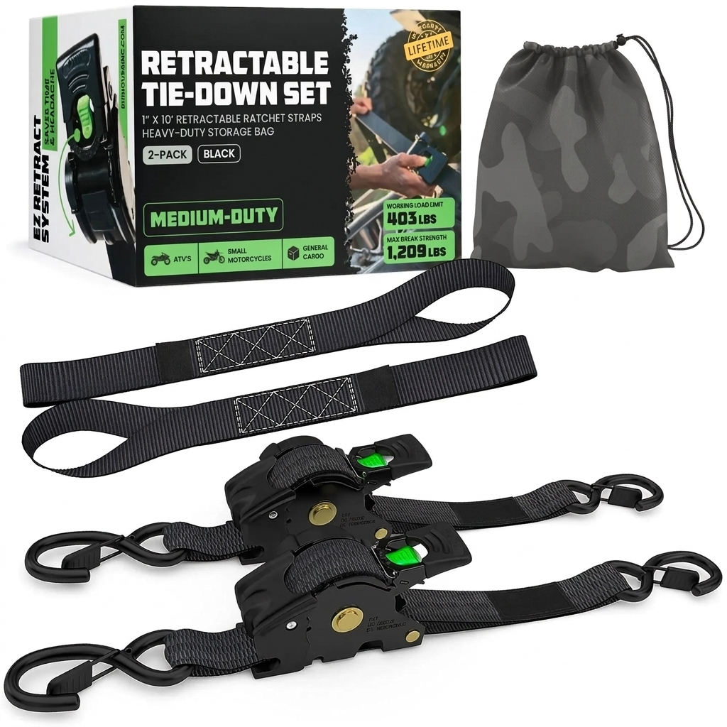 1" x 10' Retractable Ratchet Straps - Medium Duty