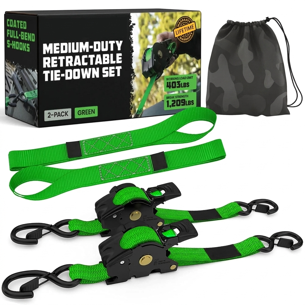 1" x 10' Retractable Ratchet Straps - Medium Duty
