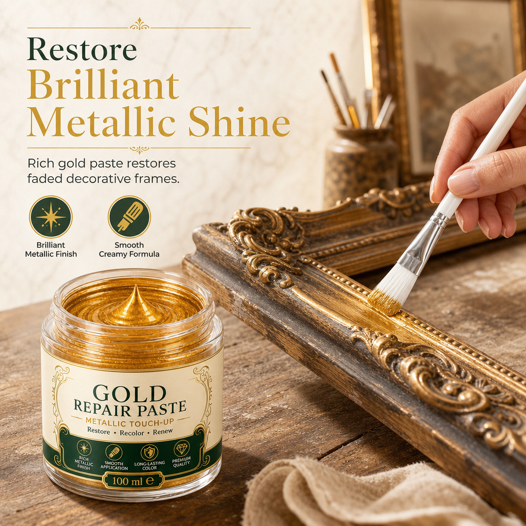 Gold metallic refinishing paste restoring a surface