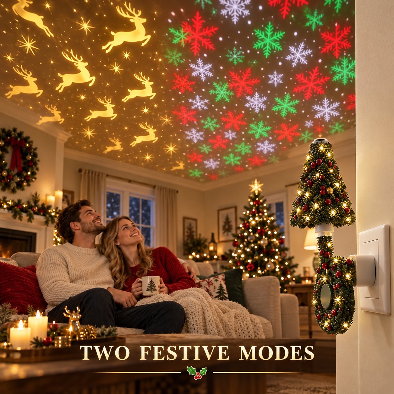USB Plug-In Christmas Projector Night Light, 6+ Holiday Pattern Ceiling Lamp, Warm LED Christmas Tree Room Decor✨