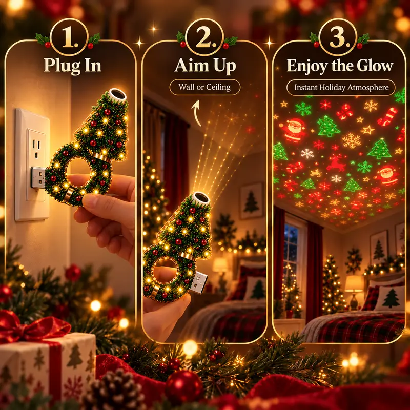USB Plug-In Christmas Projector Night Light, 6+ Holiday Pattern Ceiling Lamp, Warm LED Christmas Tree Room Decor✨