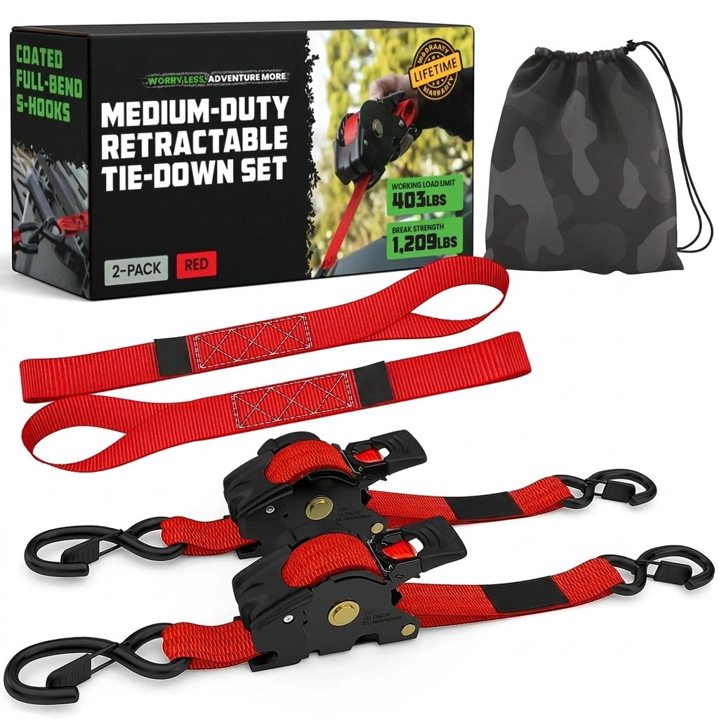 1" x 10' Retractable Ratchet Straps - Medium Duty