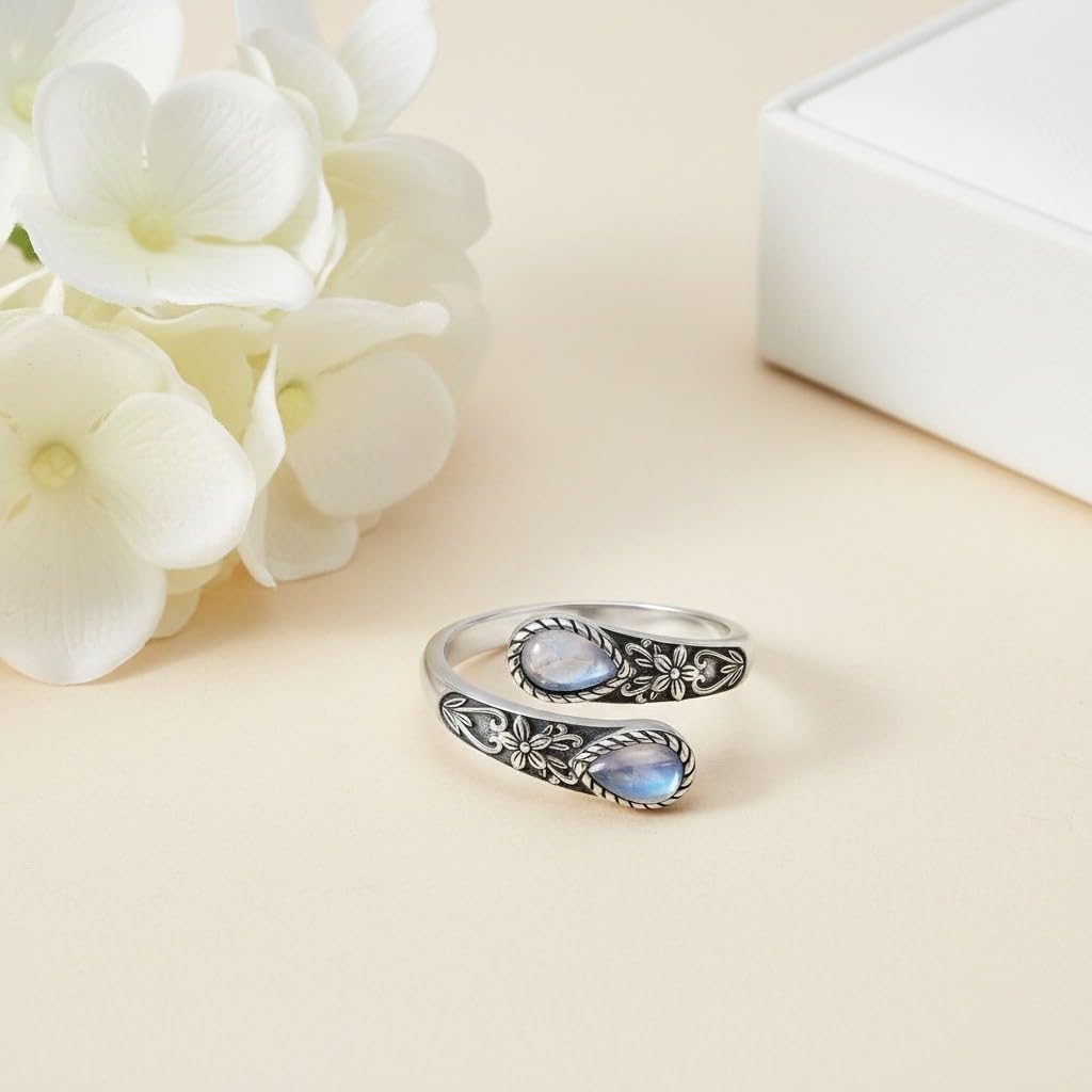 Women's Sterling Silver Moonstone Flower Ring, Adjustable Vintage Spoon Ring Jewelry, Gifts for Mom, Wife, Sister, Her