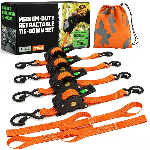 1" x 10' Retractable Ratchet Straps - Medium Duty