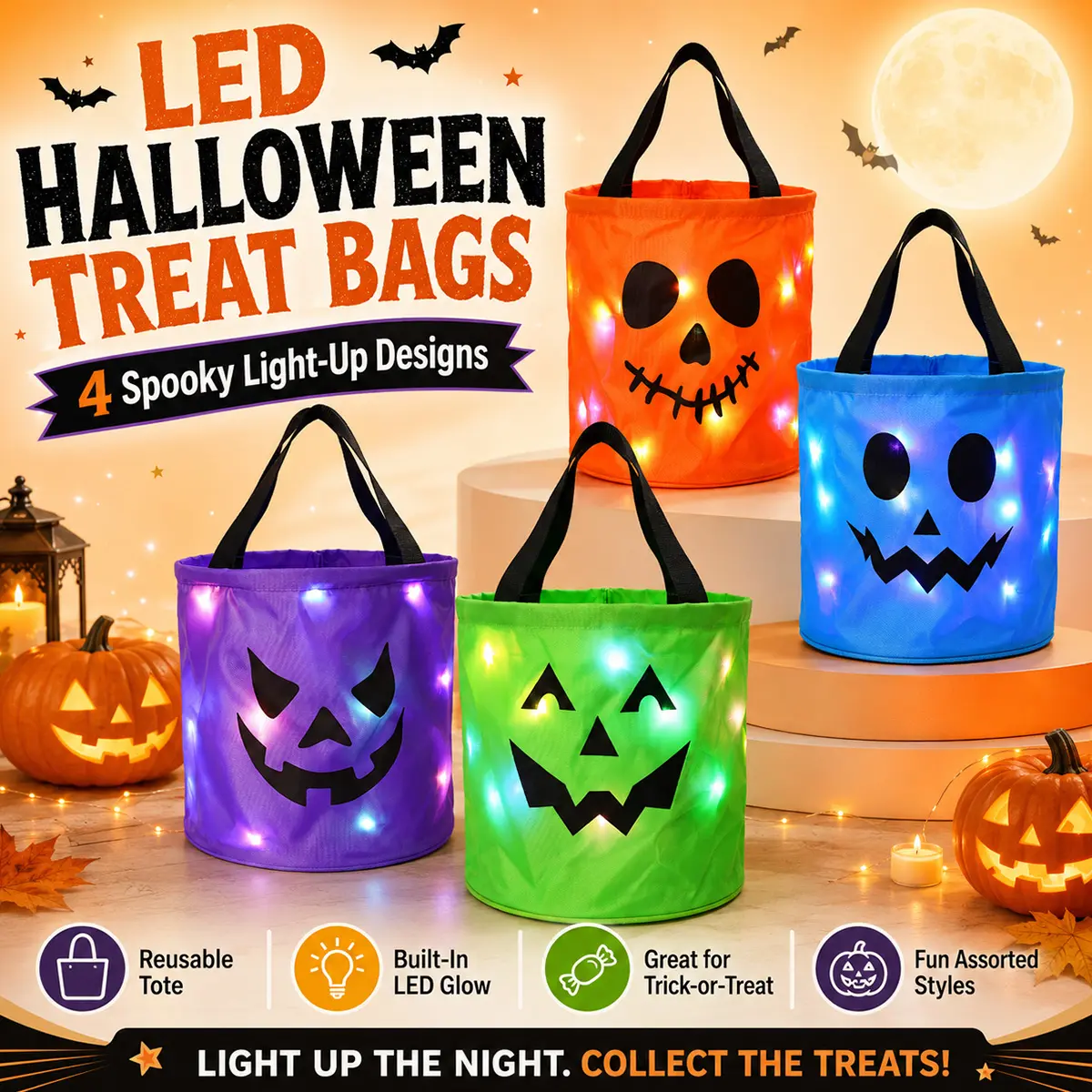 Halloween Candy Buckets with LED Lights - 3/4 Set for Trick or Treat