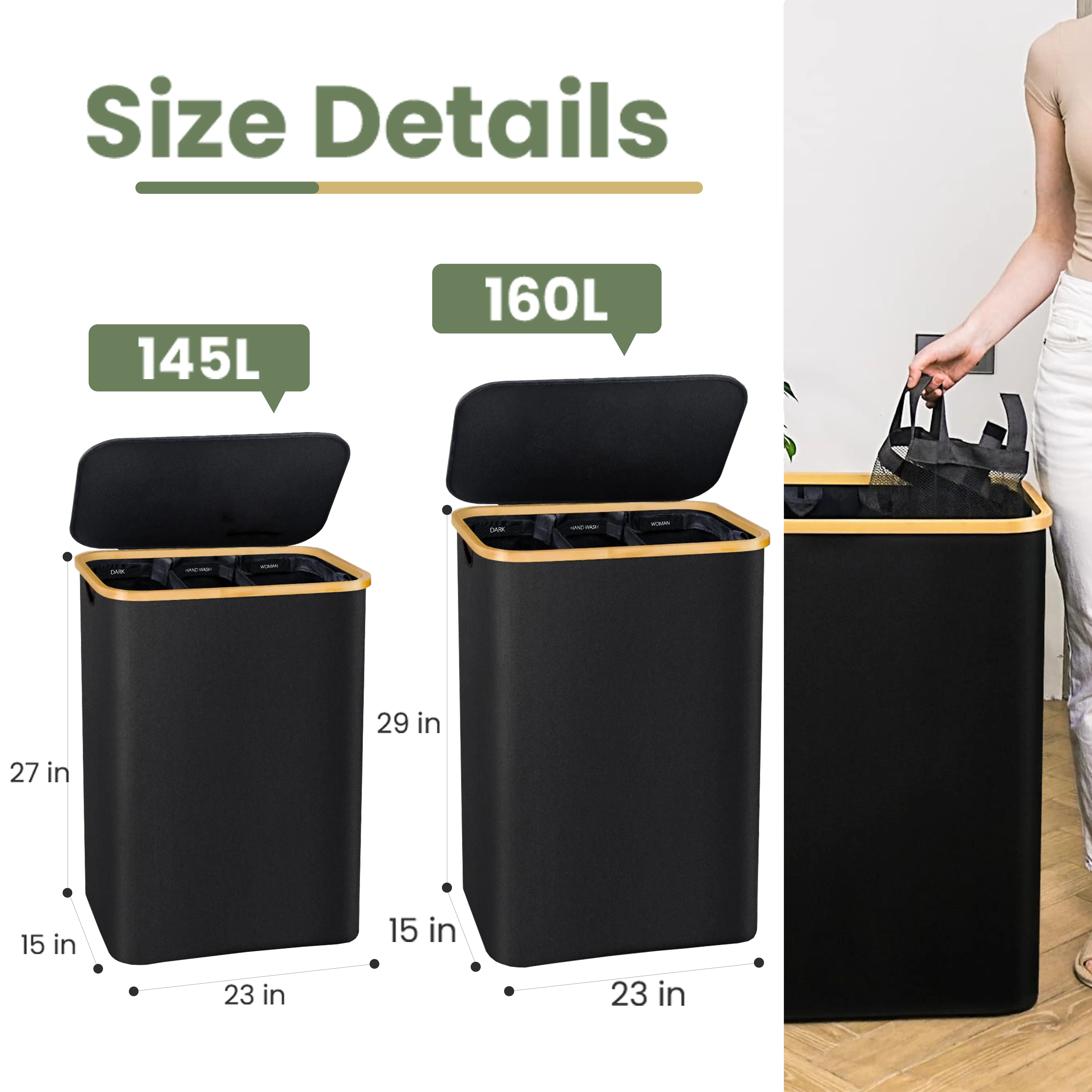 Bathola 3-Section Laundry Hamper with Lid - 145L/160L