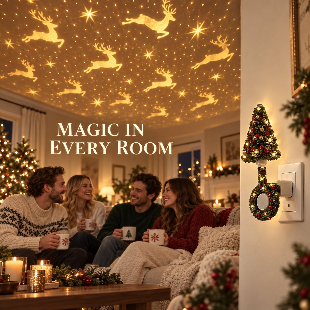 USB Plug-In Christmas Projector Night Light, 6+ Holiday Pattern Ceiling Lamp, Warm LED Christmas Tree Room Decor✨