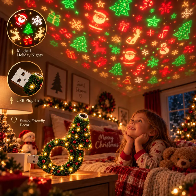 USB Plug-In Christmas Projector Night Light, 6+ Holiday Pattern Ceiling Lamp, Warm LED Christmas Tree Room Decor✨