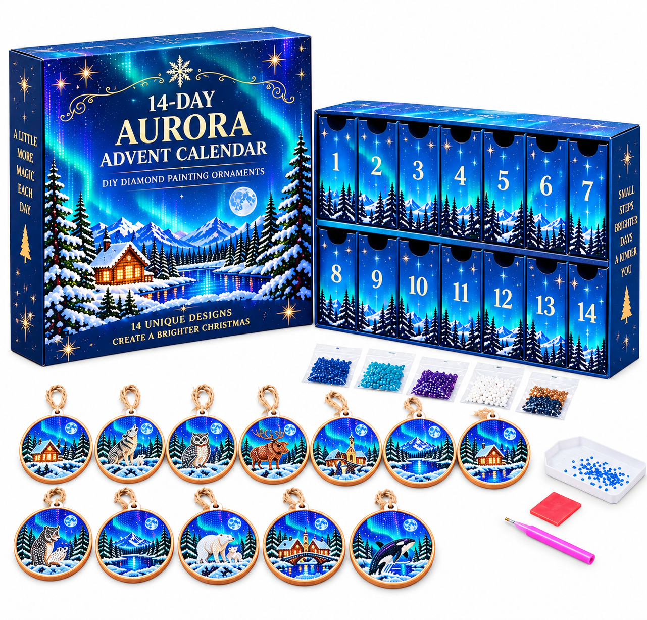 🌌 14-Day Aurora Diamond Painting Advent Calendar – DIY Wooden Christmas Ornament Kit