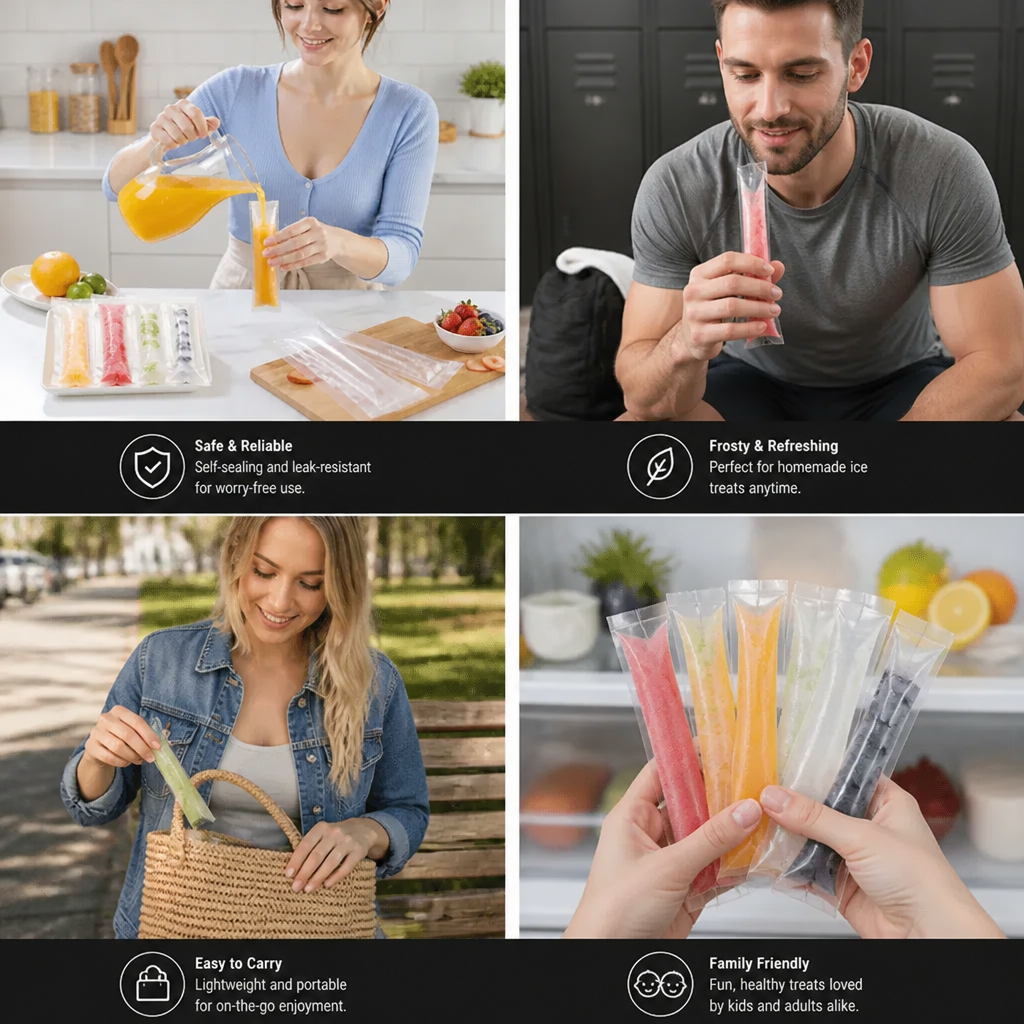 Practical DIY Ice Pop Bags (100 Pieces) – Self-Sealing Disposable Molds for Homemade Ice Sticks