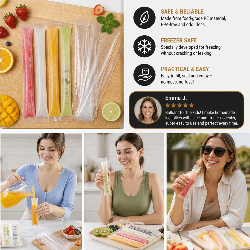Practical DIY Ice Pop Bags (100 Pieces) – Self-Sealing Disposable Molds for Homemade Ice Sticks