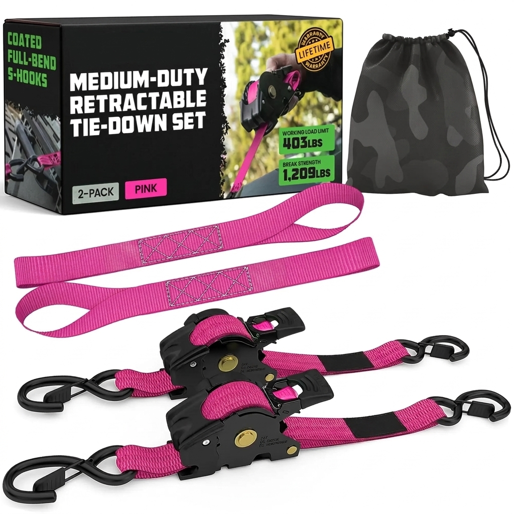 1" x 10' Retractable Ratchet Straps - Medium Duty