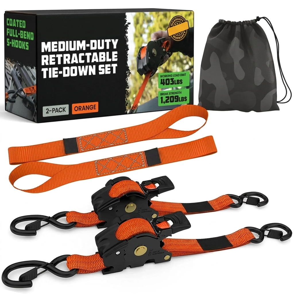 1" x 10' Retractable Ratchet Straps - Medium Duty