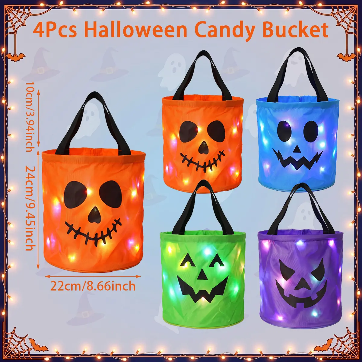 Halloween Candy Buckets with LED Lights - 3/4 Set for Trick or Treat