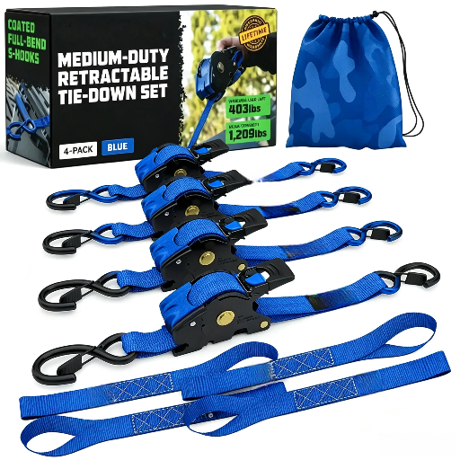1" x 10' Retractable Ratchet Straps - Medium Duty