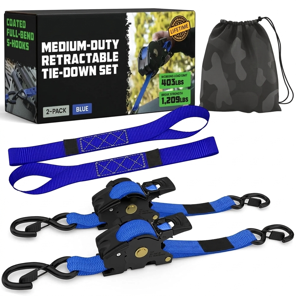 1" x 10' Retractable Ratchet Straps - Medium Duty