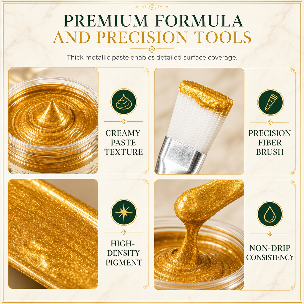 Gold metallic repair paste and precision brush