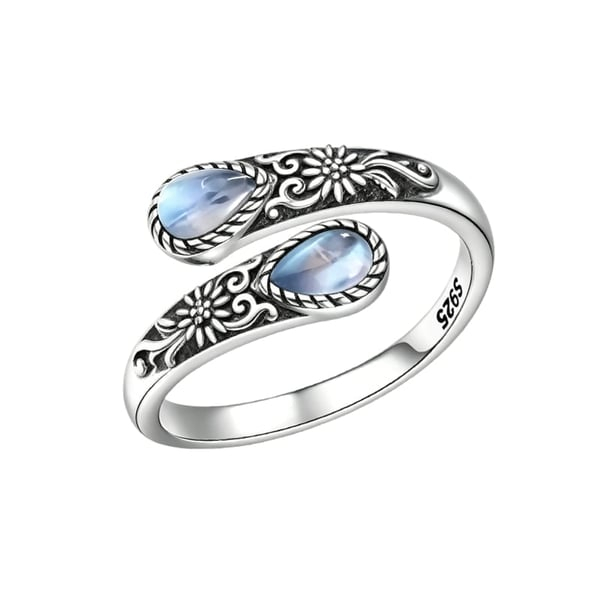 Women's Sterling Silver Moonstone Flower Ring, Adjustable Vintage Spoon Ring Jewelry, Gifts for Mom, Wife, Sister, Her