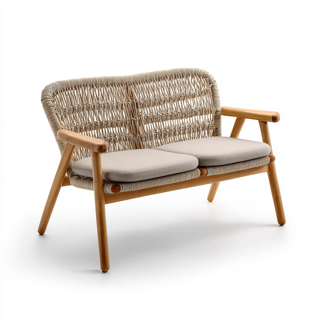 Panca da giardino in legno e corda beige 118x68x82 cm - per giardino - design moderno intrecciato