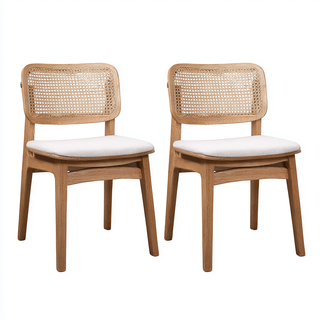 Sedia da pranzo in legno naturale-bianco con schienale in rattan per sala da pranzo 52x55x79 cm - design moderno