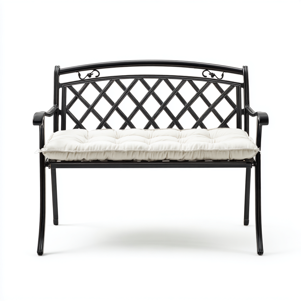 Panca da giardino in metallo nero con cuscino bianco 128x62x88 cm - per giardino - design classico moderno