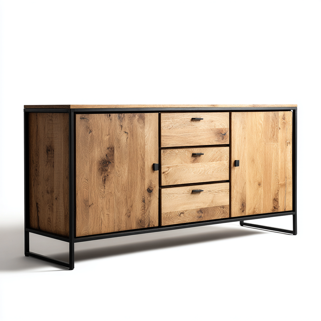 Credenza in legno e metallo 180x40x85 cm - rovere naturale-nero - stile industriale per sala da pranzo