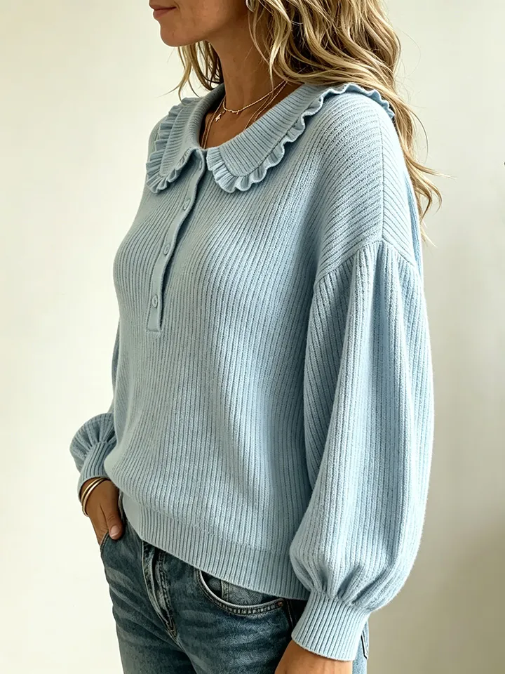 Women's Ruffled Collar Ribbed Knit Sweater