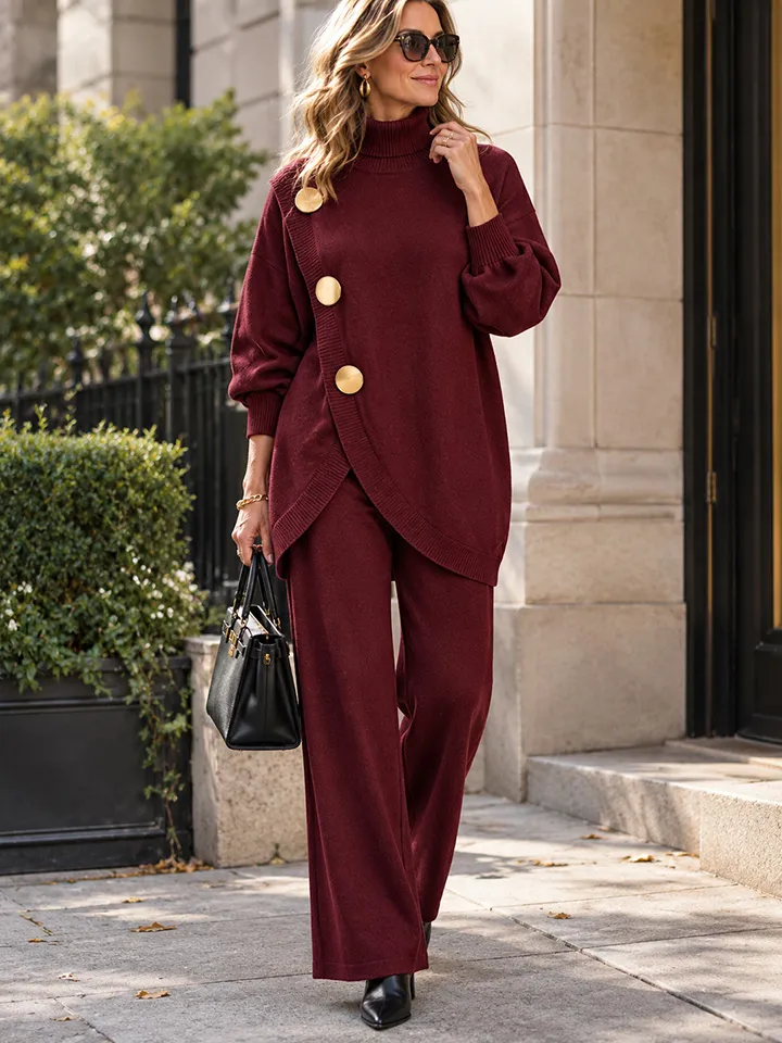 Elegant Burgundy Knit Asymmetrical Button Set