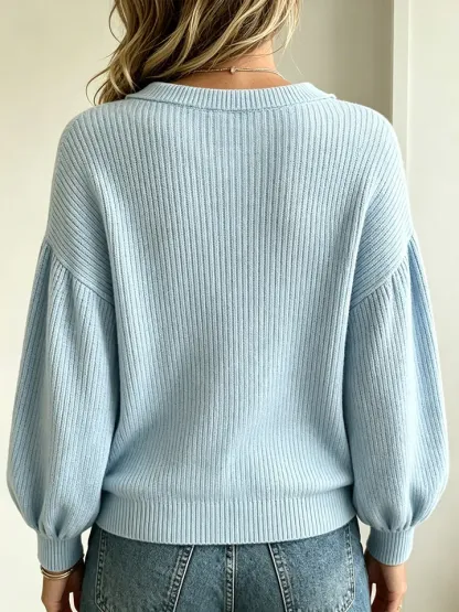 Women's Ruffled Collar Ribbed Knit Sweater
