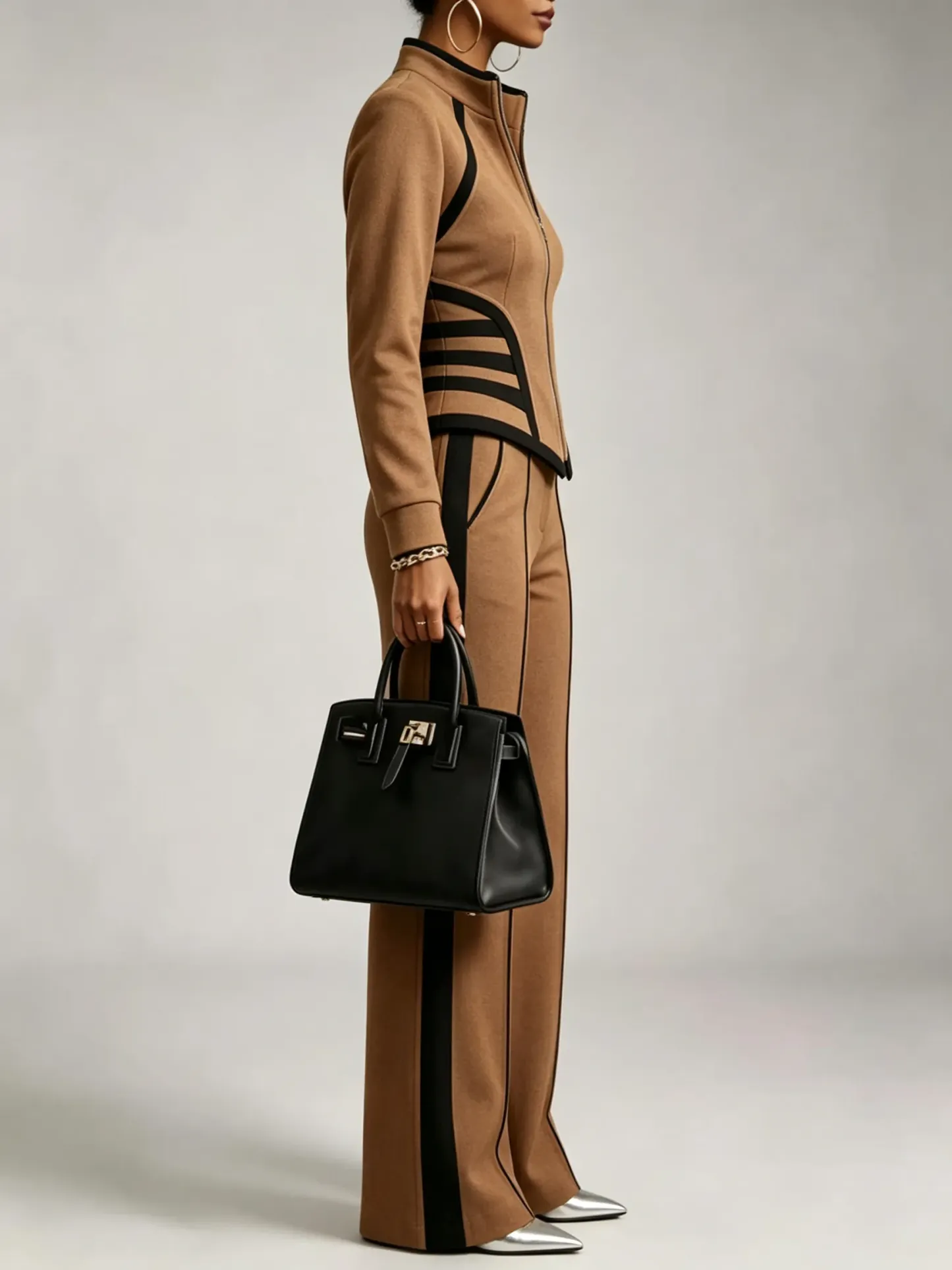 🤲LAST DAY SAVE 49% ⏰Cozy And Casual Two-piece Set Featuring A Slim-fit, Stretchy Zip-up Sweatshirt And Pants With Black Webbing Trim.