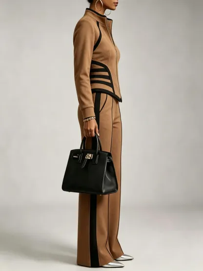 🤲LAST DAY SAVE 49% ⏰Cozy And Casual Two-piece Set Featuring A Slim-fit, Stretchy Zip-up Sweatshirt And Pants With Black Webbing Trim.