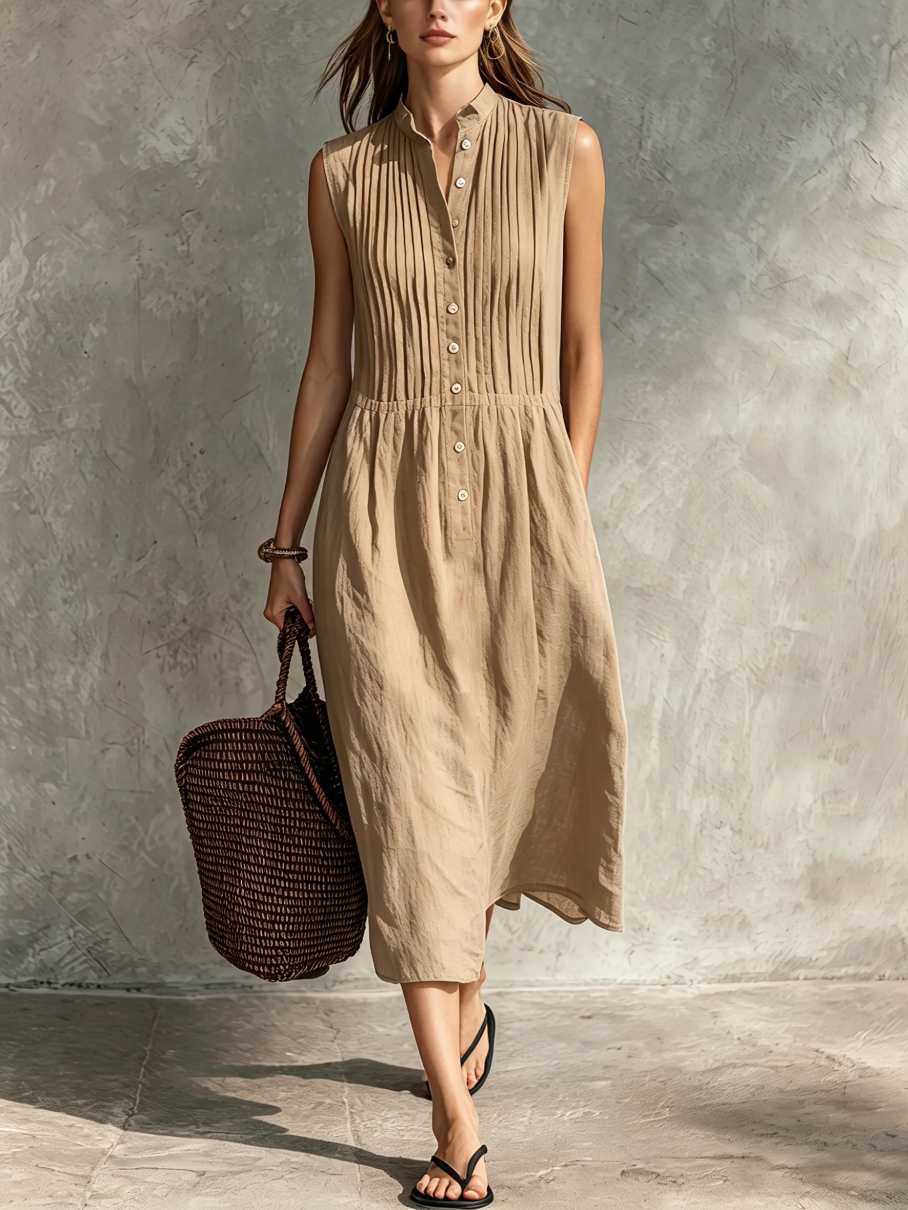 Women’s Casual Cotton-Linen Sleeveless Midi Dress