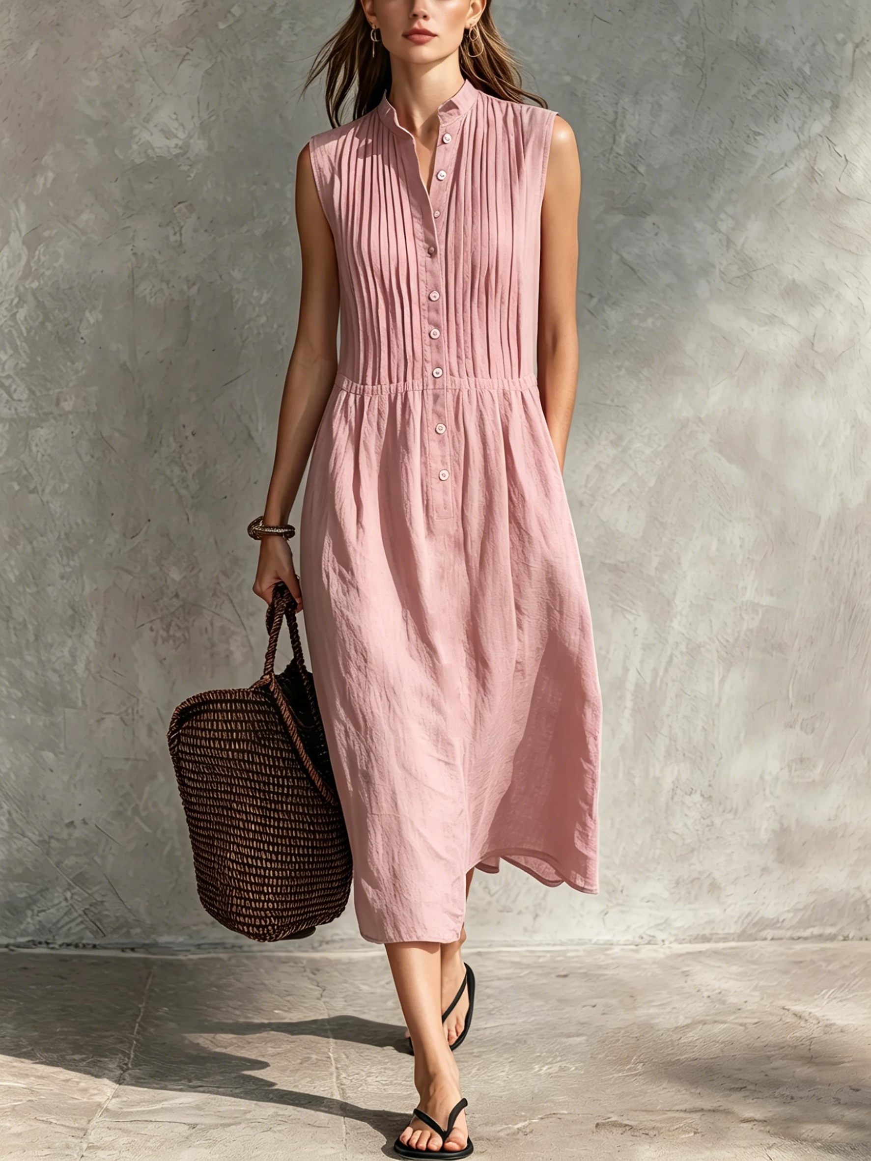 Women’s Casual Cotton-Linen Sleeveless Midi Dress