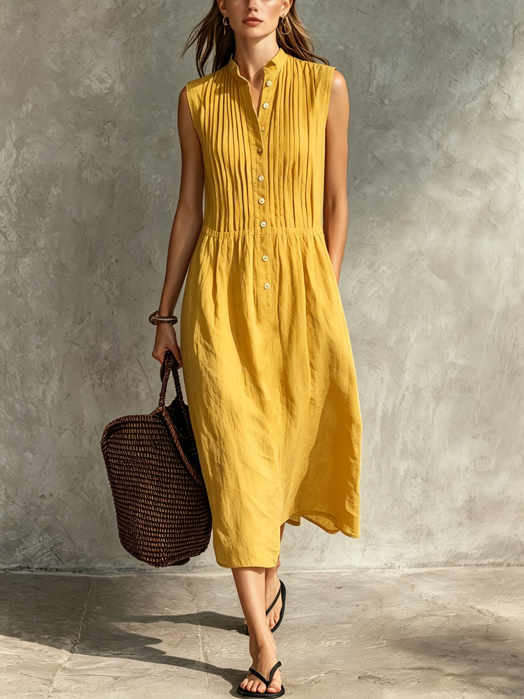 Women’s Casual Cotton-Linen Sleeveless Midi Dress