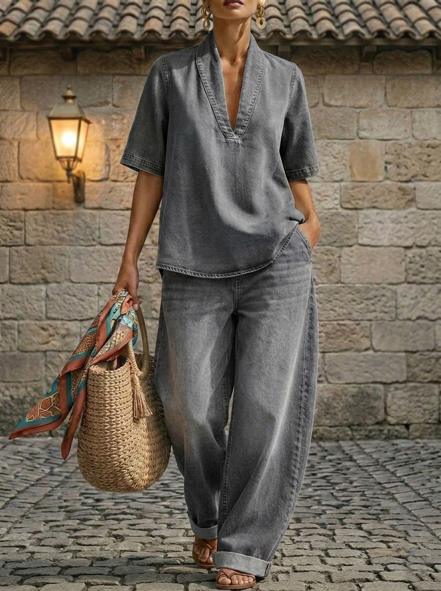 Minimalist Cozy Short-sleeved Top Wide-leg Jeans Denim Set