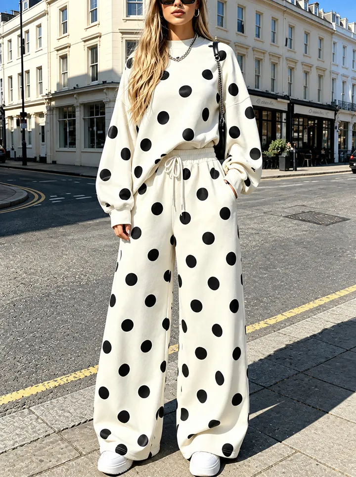 Women's Polka Dot Oversized Sweatshirt & Wide Leg Pants Two Piece Lounge Set