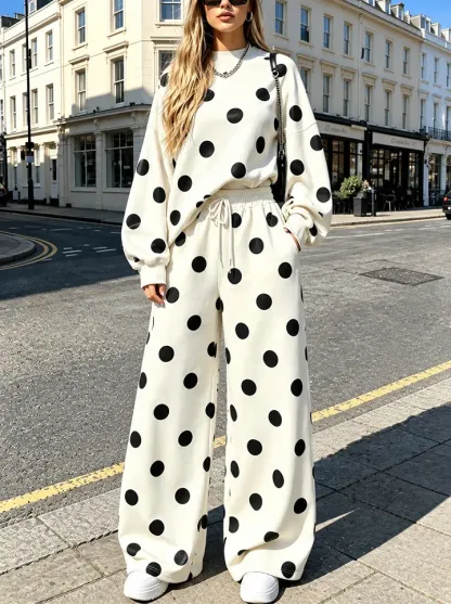 Women's Polka Dot Oversized Sweatshirt & Wide Leg Pants Two Piece Lounge Set