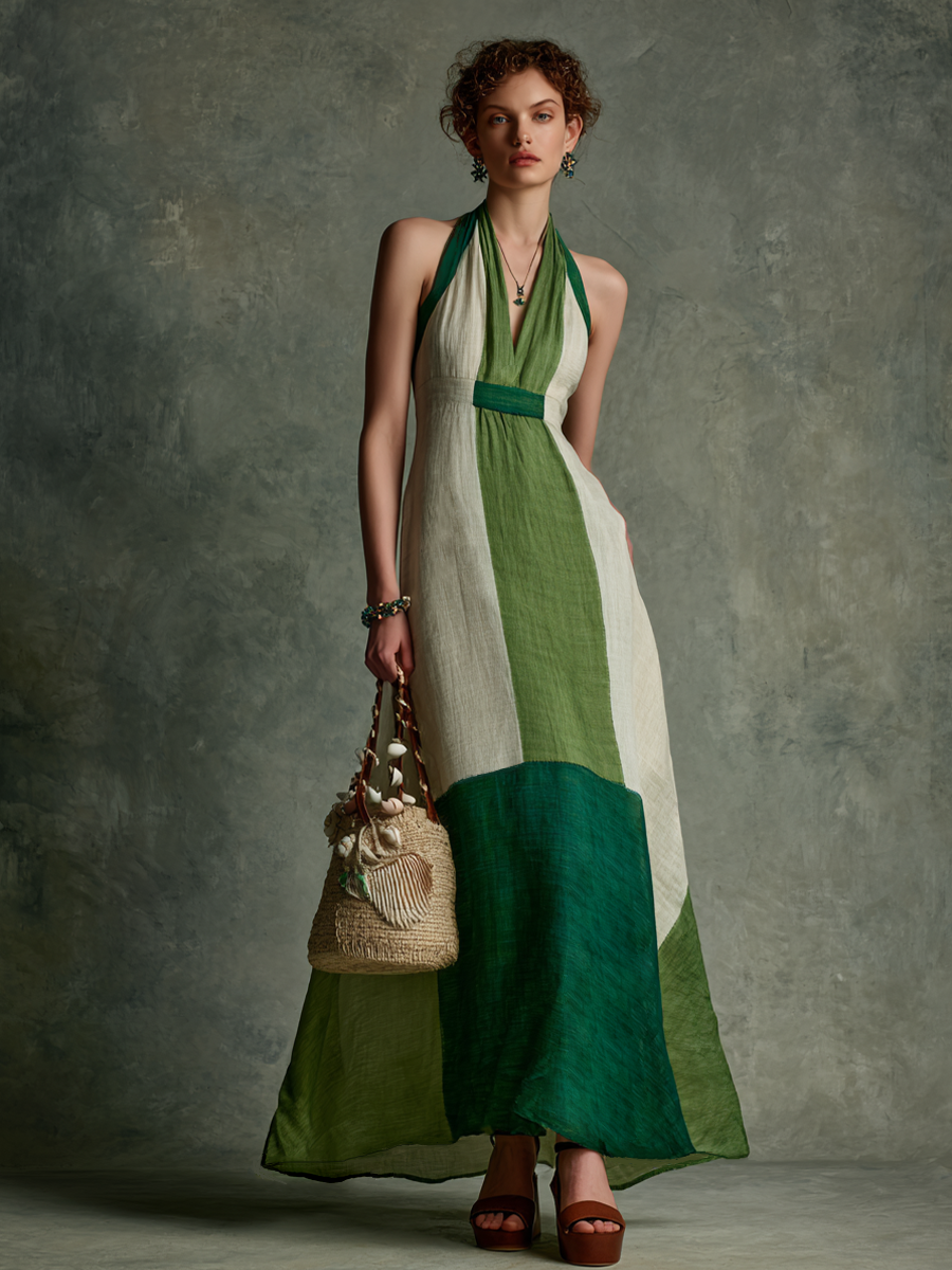 Women's Vacation Style Green And White Color-Block Linen-Cotton Halter V-Neck Waist-Tailored Maxi Dress